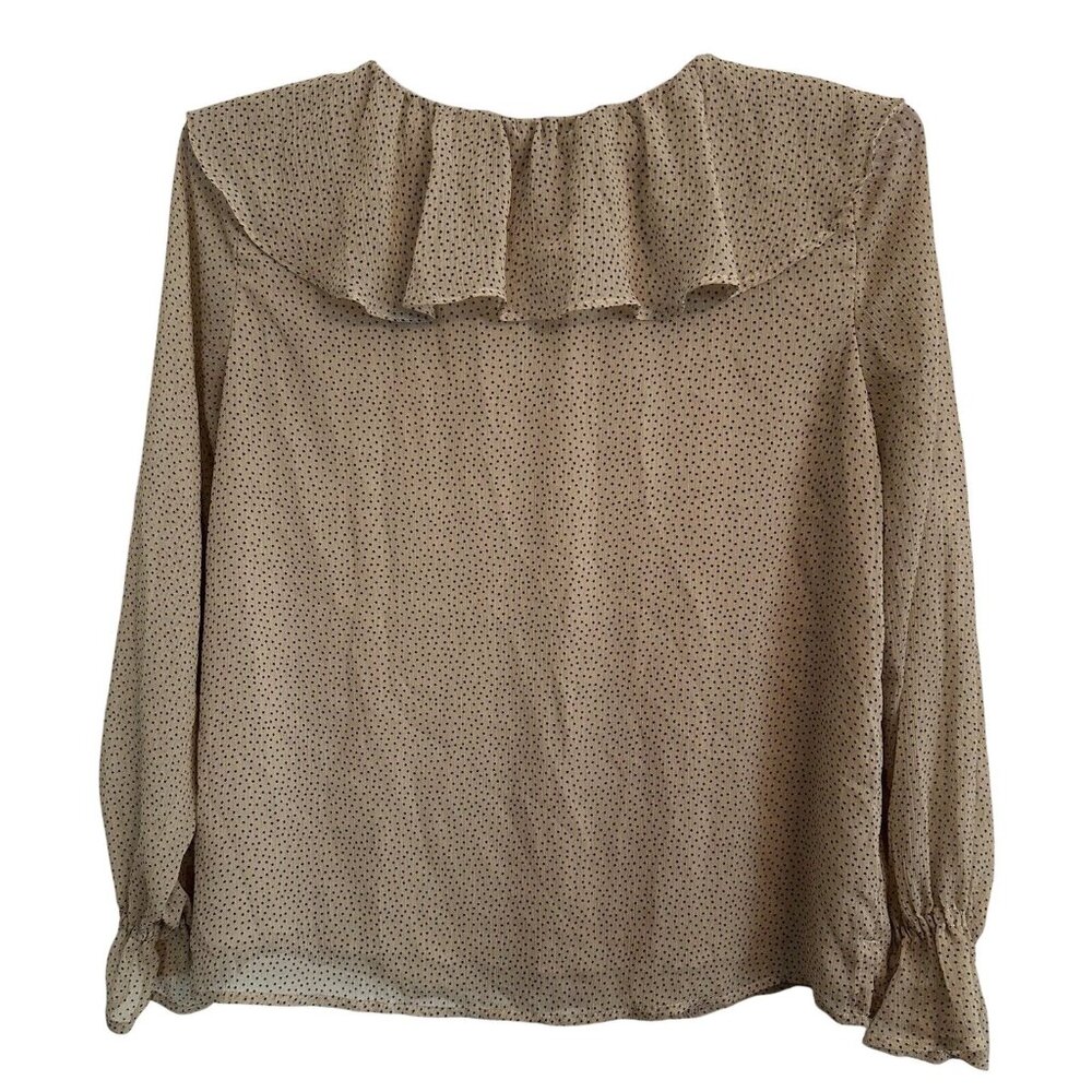 Loft Women's SZ M Black Polka Dot Beige Long Sleeve Ruffle Blouse Romantic - Picture 2 of 9